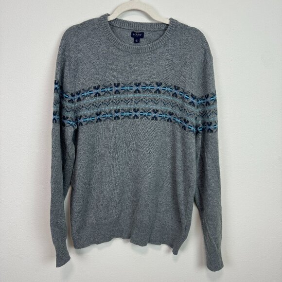 J Crew Factory Lambswool Blend Large Fair Isle Crewneck Sweater Gray pullover - Picture 3 of 8